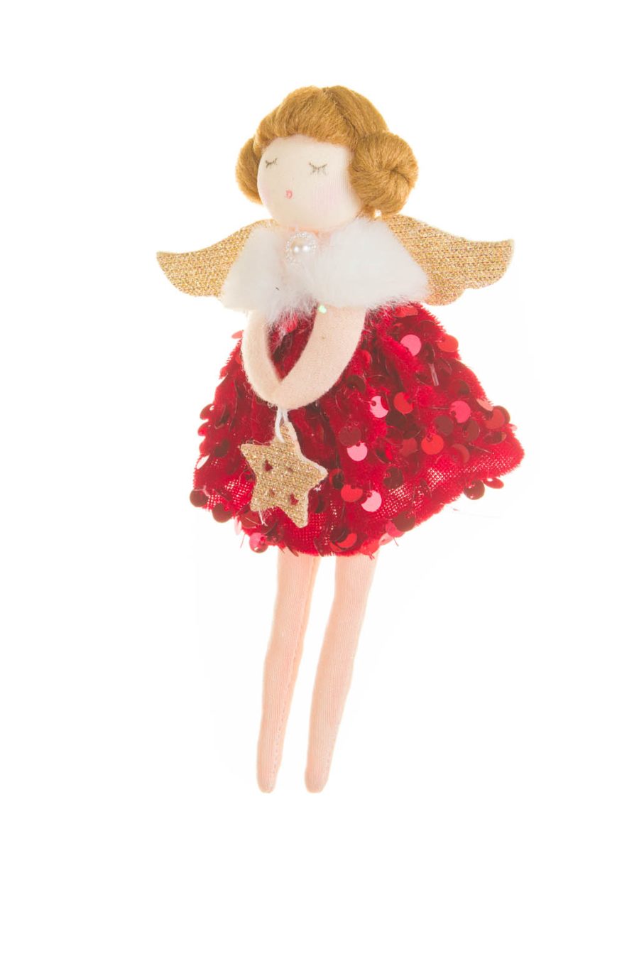 Hanging Red and Gold Sequin Caroling Angel Ornament in Velveteen Sequined Dress and Fur Neckline