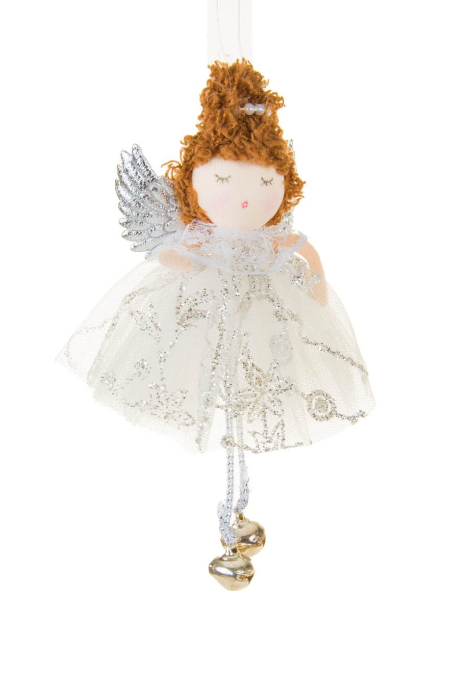 Hanging White and Silver Flying Angel Ornament with Shiny Silver Wings