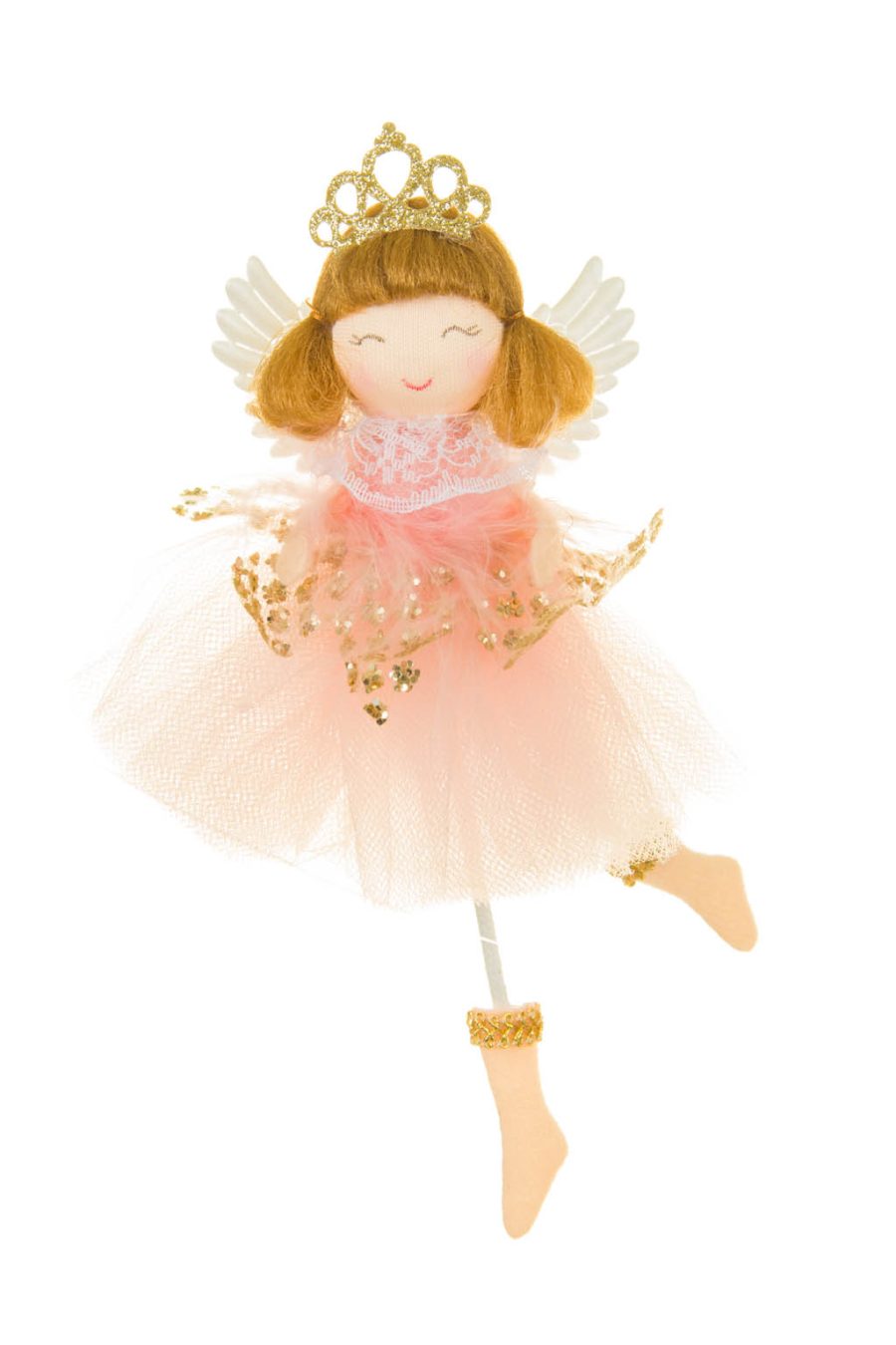 Smiling Skinny Hanging Pink Solid Fabric Ballerina Girl Ornament with Queen Crown White Wings