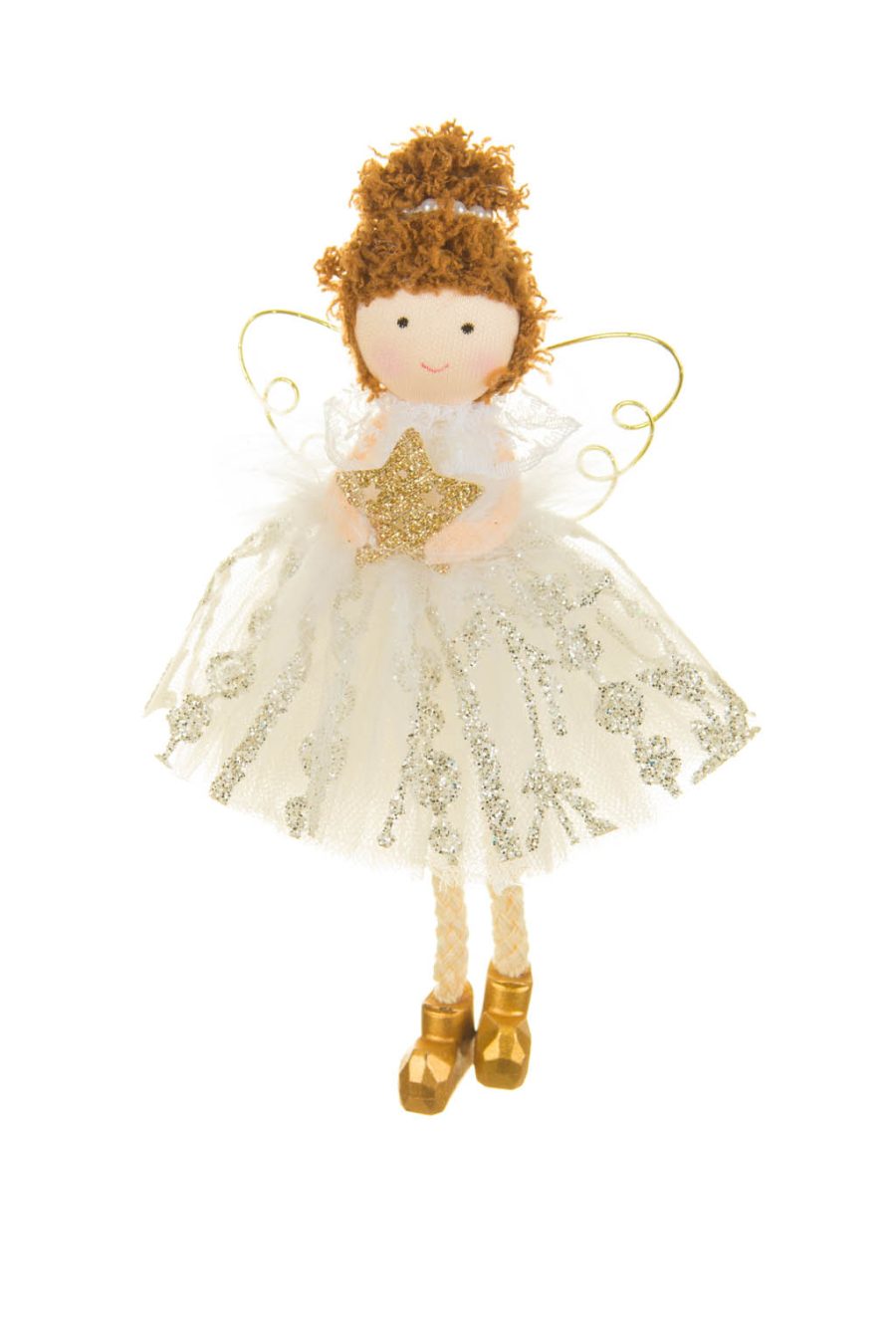 Smiling Hanging Juvenile White Solid Fabric Petite Girl Ornament with Gold Wire Wings