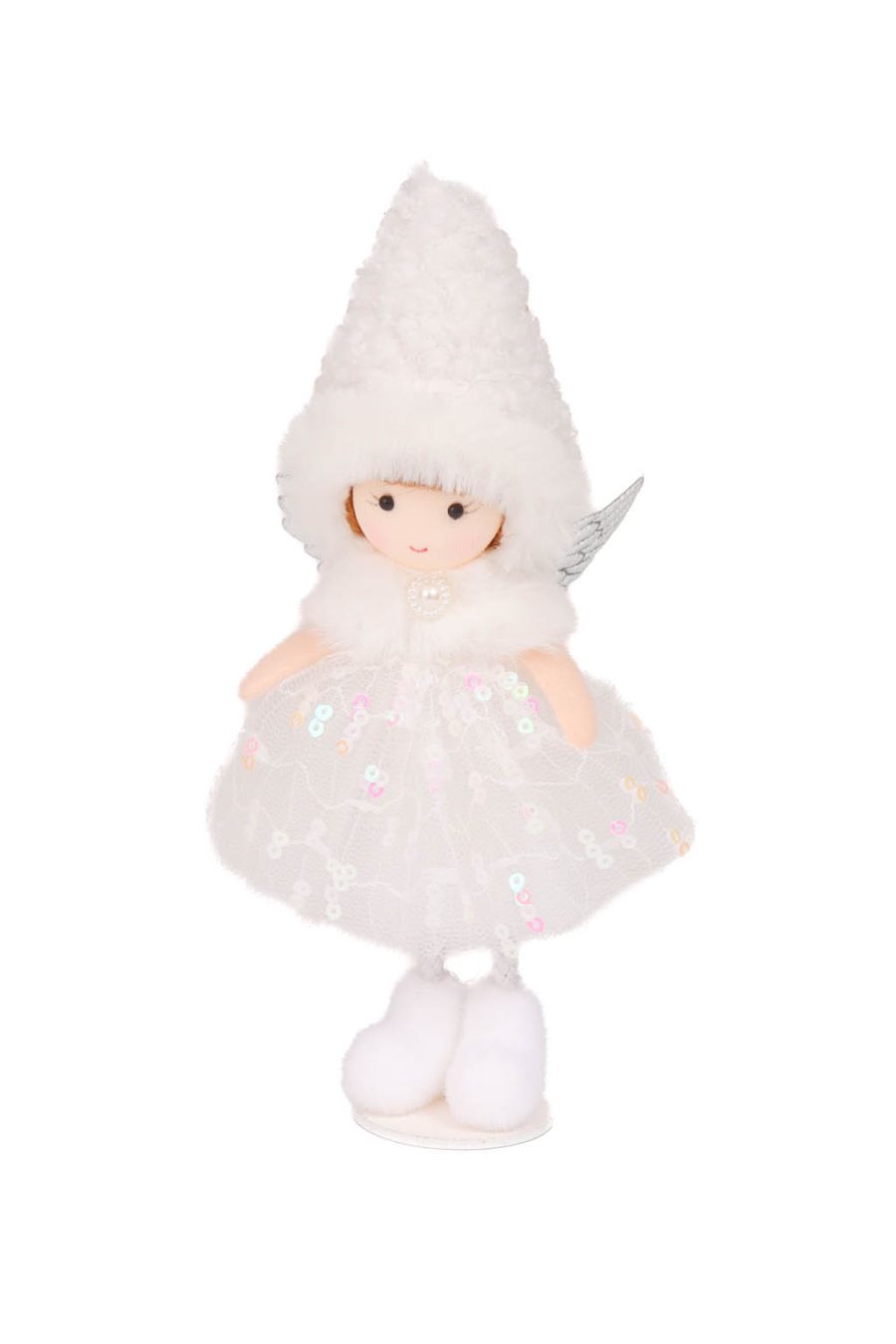 White Sequin Cozy Angel Ornament in Tulle Petticoat and Thick Winter Cap
