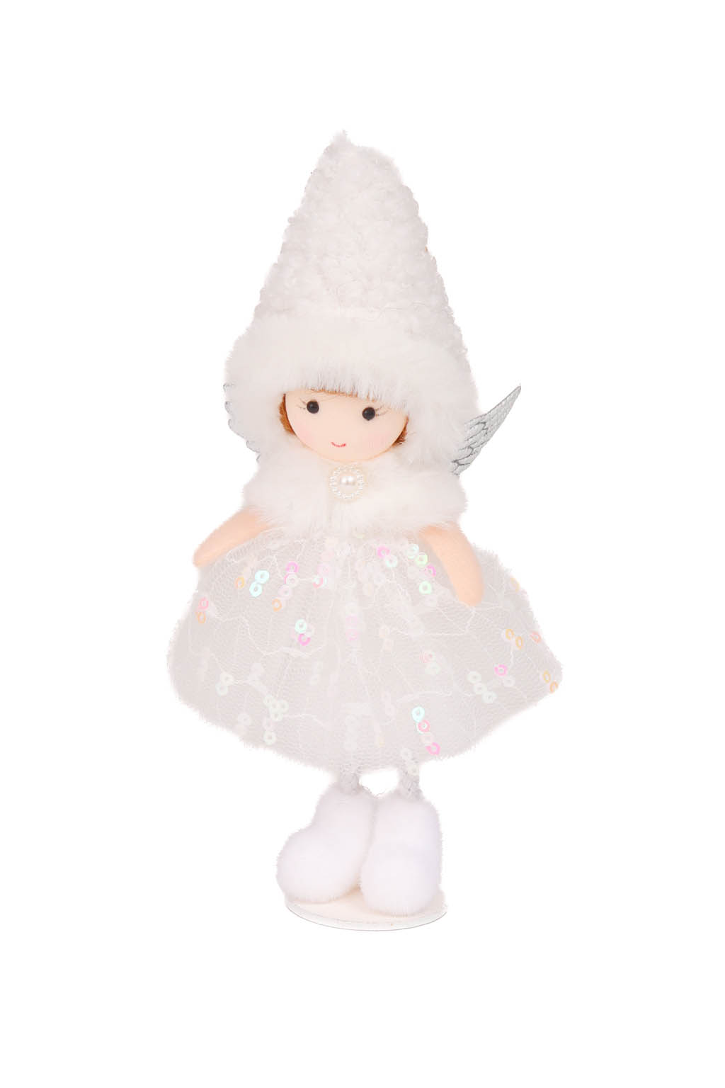 White Sequin Cozy Angel Ornament in Tulle Petticoat and Thick Winter Cap