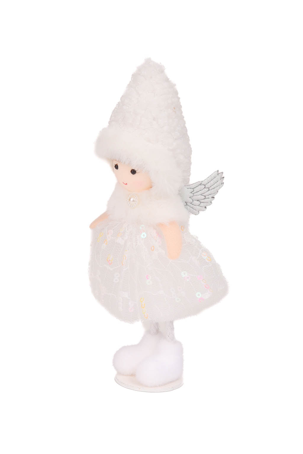 White Sequin Cozy Angel Ornament in Tulle Petticoat and Thick Winter Cap - Image 3