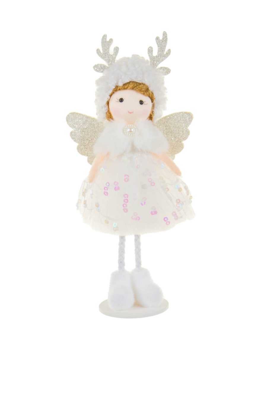 White Sequin Cozy Cherub Ornament in Tulle Petticoat and Jeweled Fur Neckline