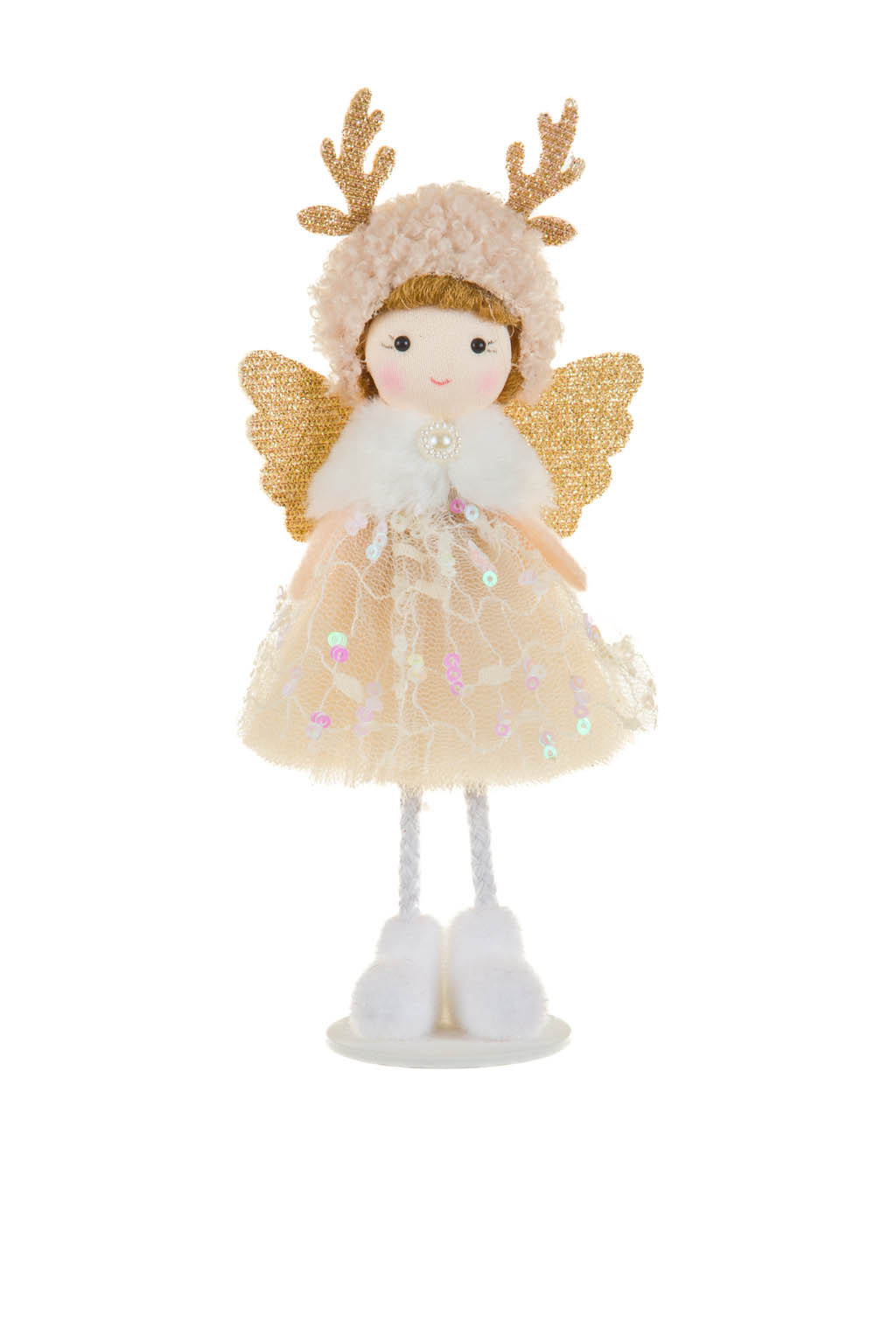 White and Gold Sequin Sequined Petticoat Cherubic Flying Angel Ornament with Dangling Legs Tulle Petticoat