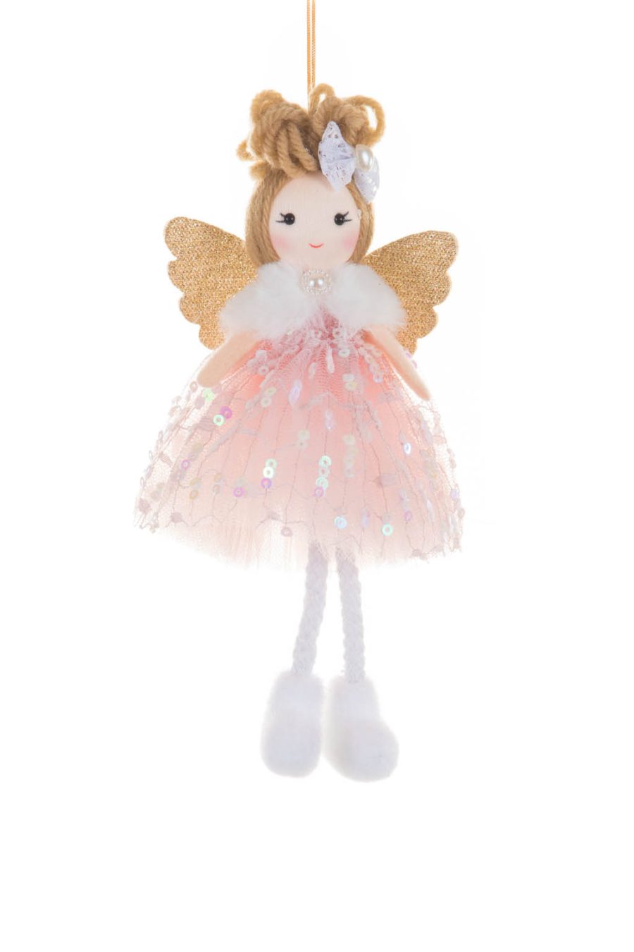 Hangable Pink and Gold Pearlines Dazzling Angel Ornament with Jeweled Fur Neckline