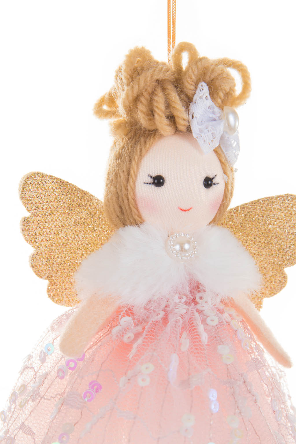 Hangable Pink and Gold Pearlines Dazzling Angel Ornament with Jeweled Fur Neckline - Image 5