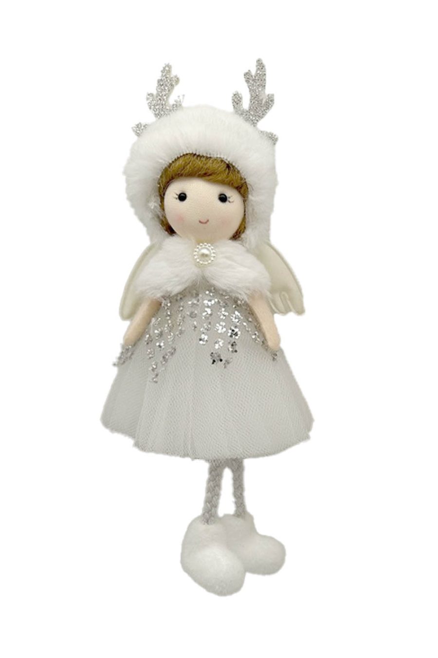 Hanging White Sequin Fur Hood Angel Ornament in Tulle Petticoat and Thick Winter Cap with Antlers