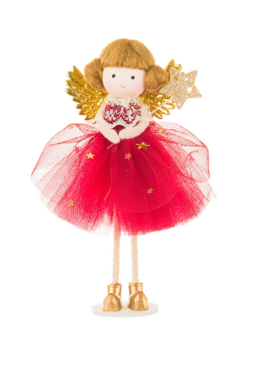 Red and Gold Sequined Dress Enchanting Angel Ornament with Double Cinnabon Bun Hairstyle