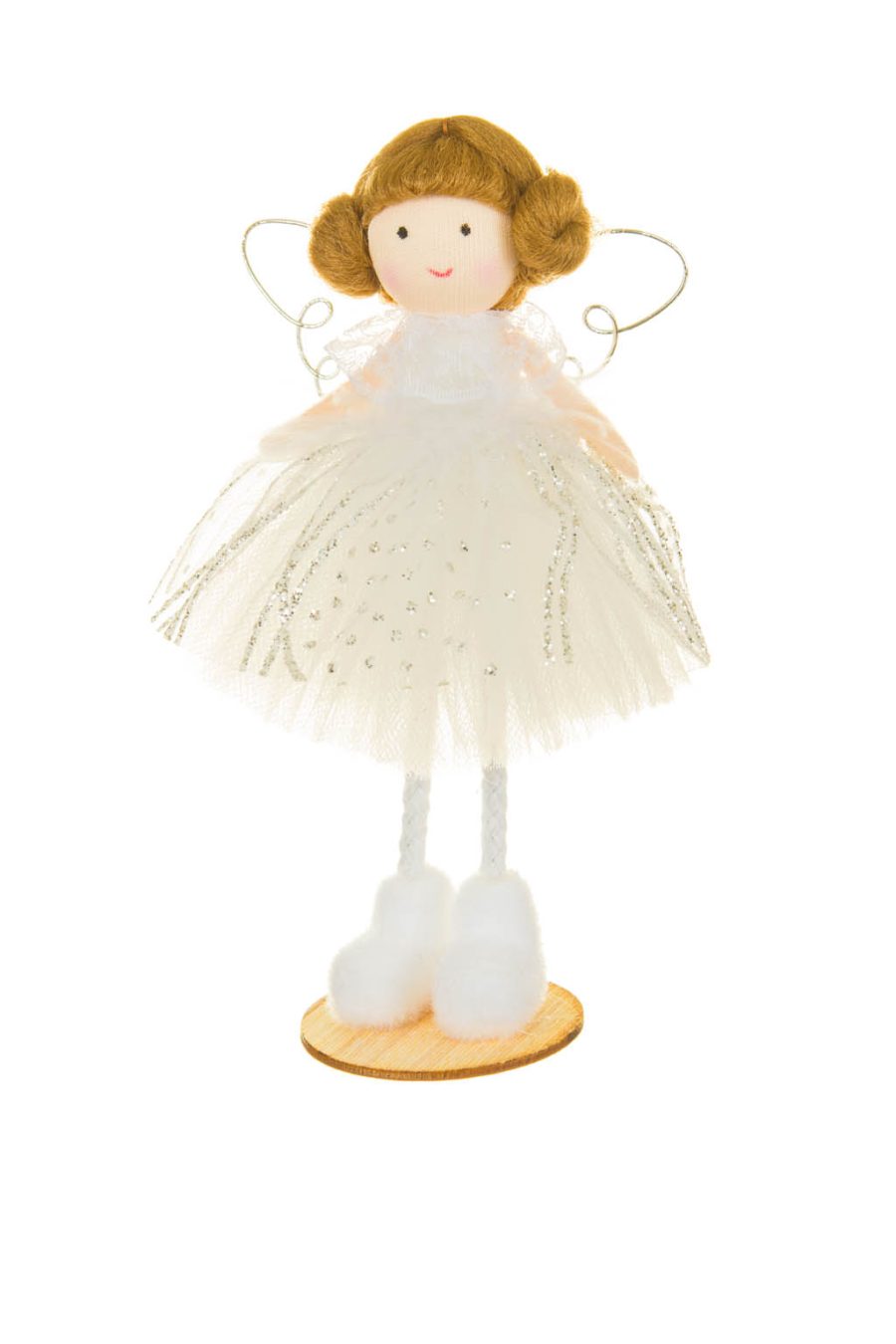 Smiling Slender Juvenile White Solid Fabric Petite Girl Ornament with Cinnamon Bun Hair