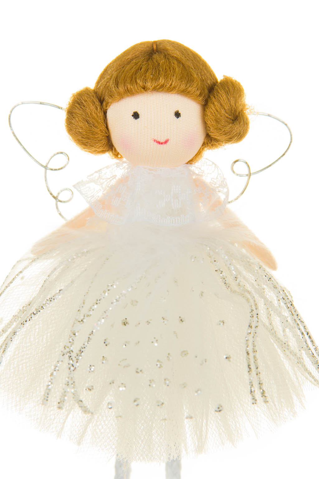 Smiling Slender Juvenile White Solid Fabric Petite Girl Ornament with Cinnamon Bun Hair - Image 3