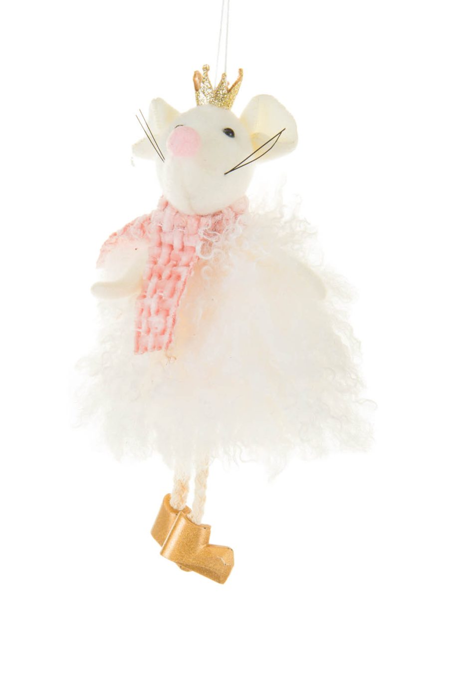 Hanging White and Pink Crown Cozy Rodent Ornament with Pink Scarf and a Shiny Crown
