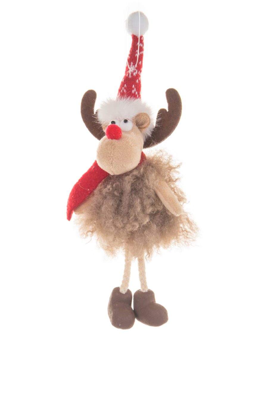 Hanging Brown and Red Dotted Stocking Cap Cozy Reindeer Ornament with Red Tocking Cap and Wooly Red Scarf Red Nose and Antlers