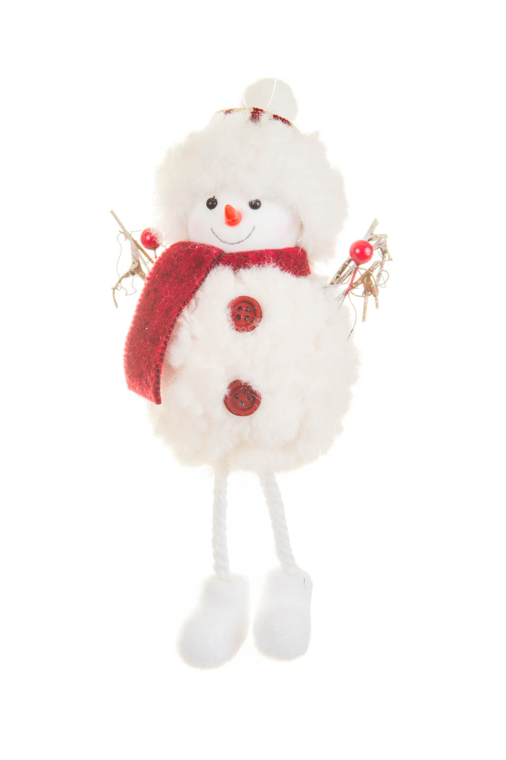 Smiling Juvenile White and Burgundy Solid Fabric Traditional Snowman Ornament with Beanie
