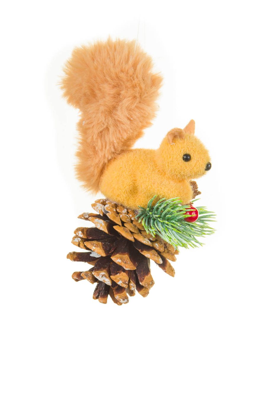 Adventurous Furry Hanging Brown and Tan Squirrel on Pinecone Ornament with Spray