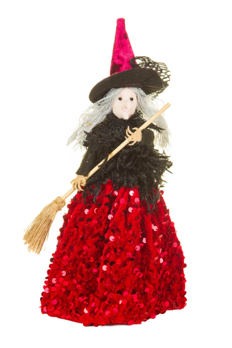 Black and Red Sequin Witch Ornament with Broom Grey Stranded Hair