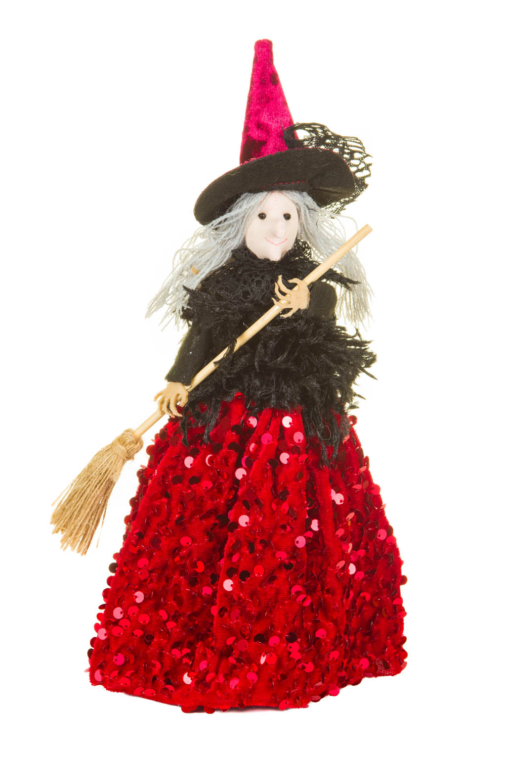Black and Red Sequin Witch Ornament with Broom Grey Stranded Hair