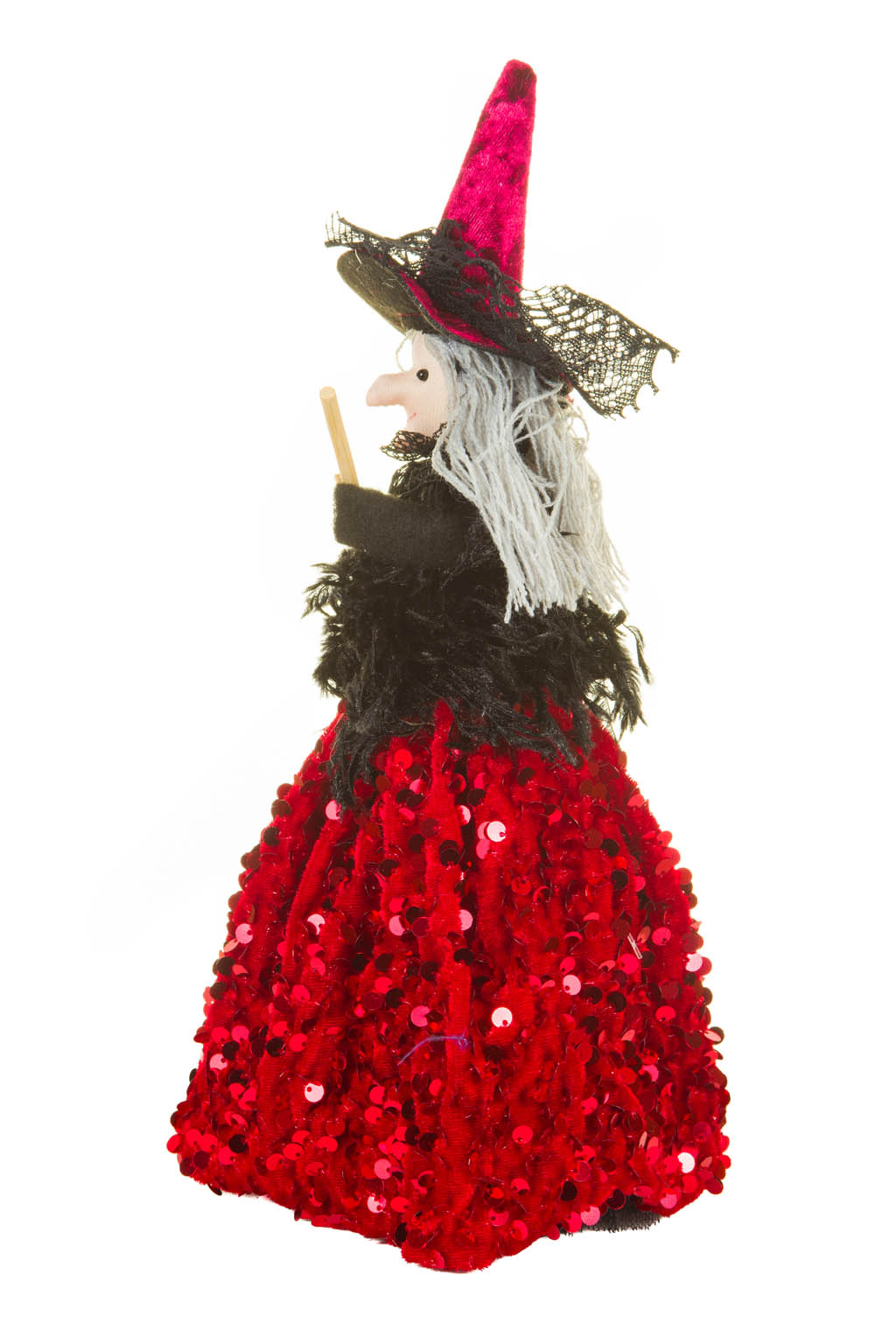 Black and Red Sequin Witch Ornament with Broom Grey Stranded Hair - Image 2