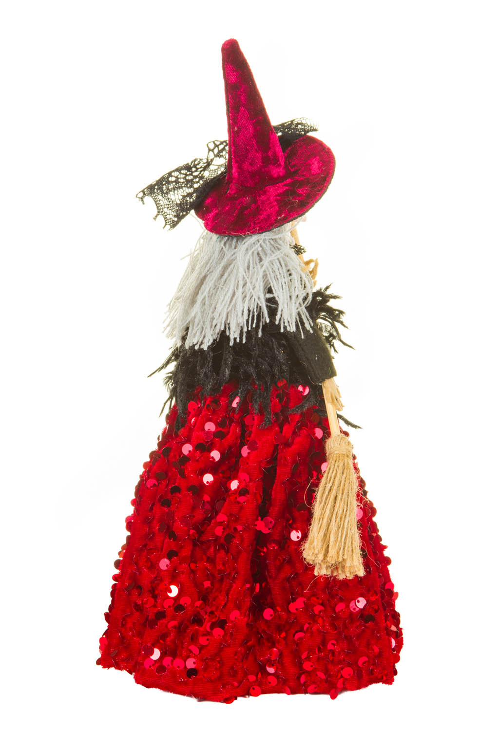 Black and Red Sequin Witch Ornament with Broom Grey Stranded Hair - Image 3