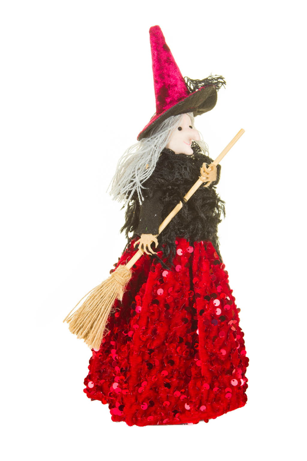 Black and Red Sequin Witch Ornament with Broom Grey Stranded Hair - Image 4