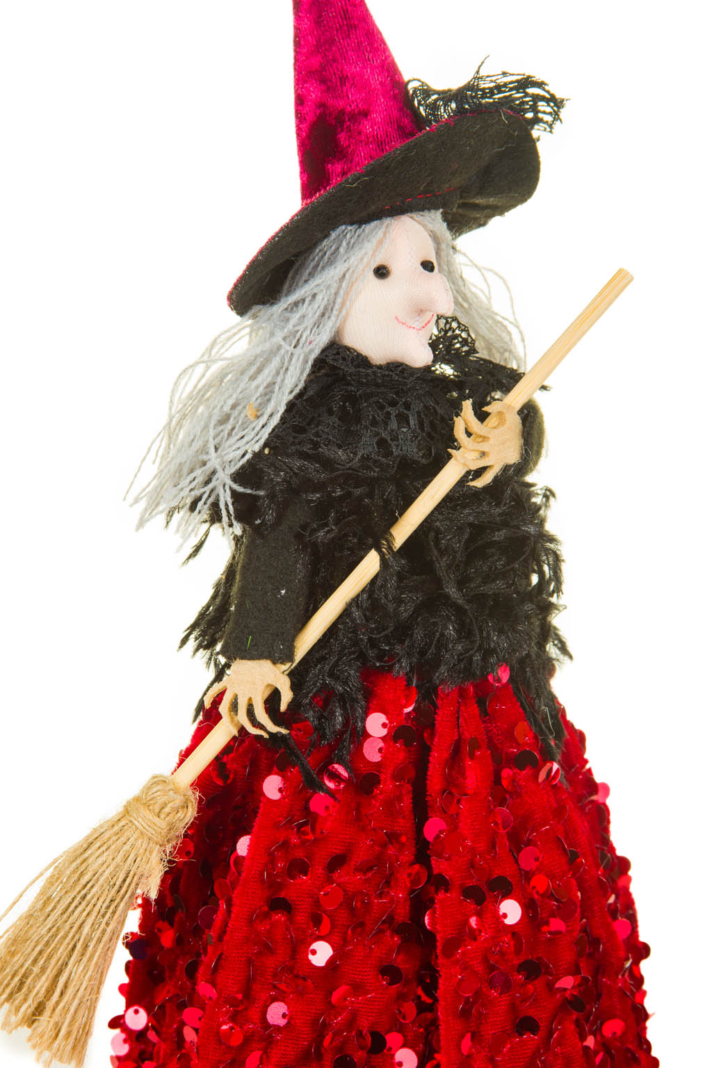 Black and Red Sequin Witch Ornament with Broom Grey Stranded Hair - Image 5