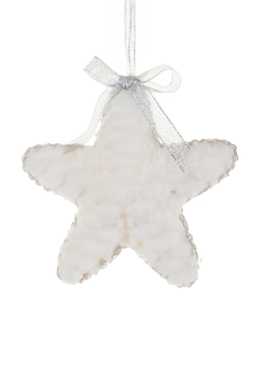 Hanging White and Silver Fuzzy Star Ornament with Sparkly Wrapping