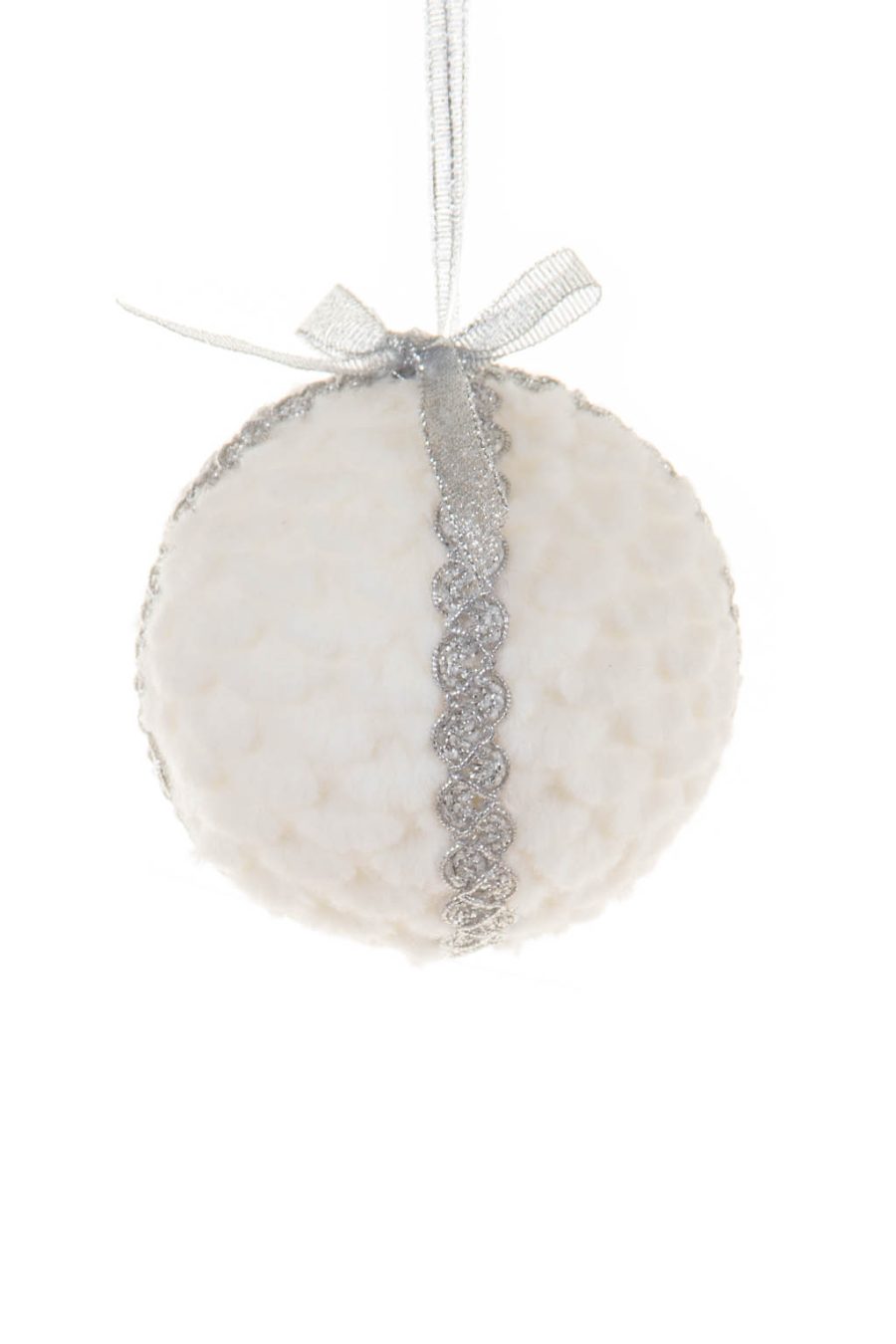Hanging White and Silver Fuzzy Snowball Ornament with Sparkly Wrapping
