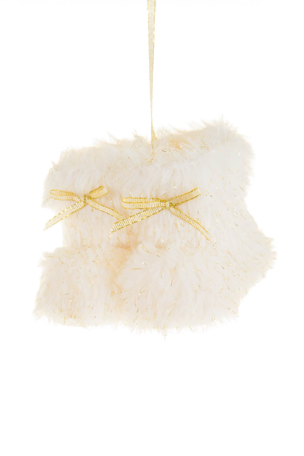 Hangable White and Gold Sparkly Sparkling Furry Boots Ornament with Glittery Ribbons