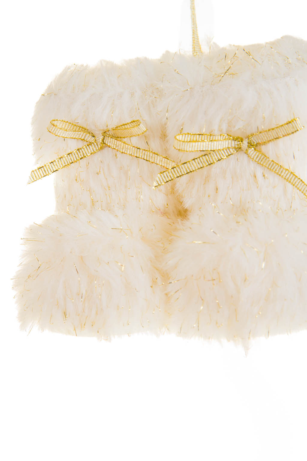 Hangable White and Gold Sparkly Sparkling Furry Boots Ornament with Glittery Ribbons - Image 3