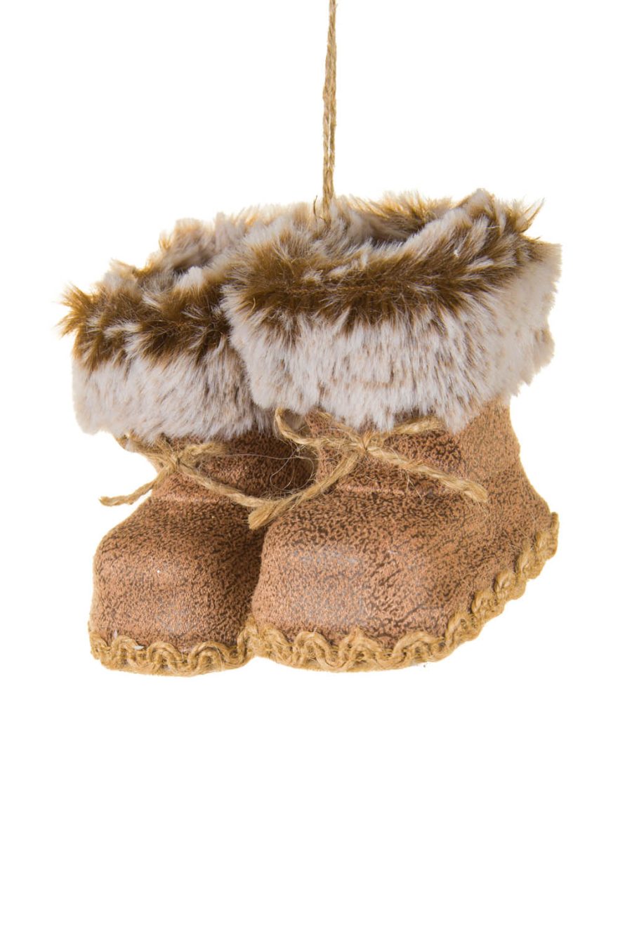 Hangable Brown Furry Boots Ornament with Wood-Optic Stitched Outsole
