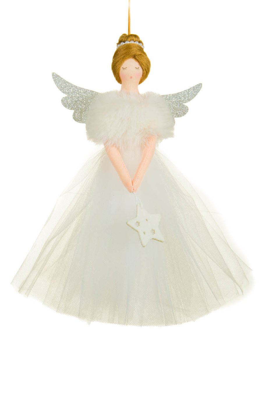 Sleepy Fancy Hanging Old White Solid Fabric Lady Ornament in White Dress Silver Wings
