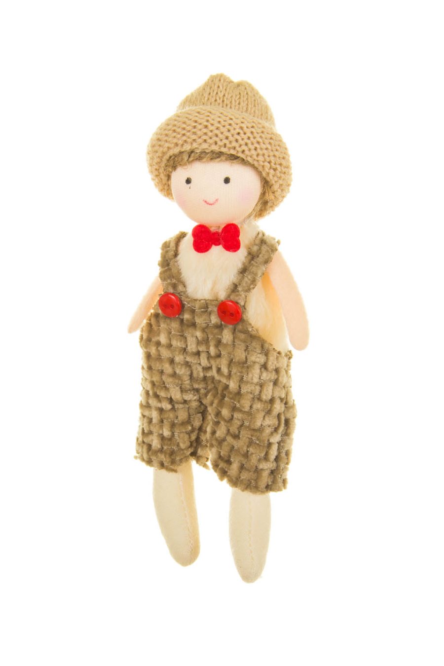 Happy Grinning Hanging Juvenile Brown and Tan Fabric Boy in Overalls Ornament Wearing Beanie