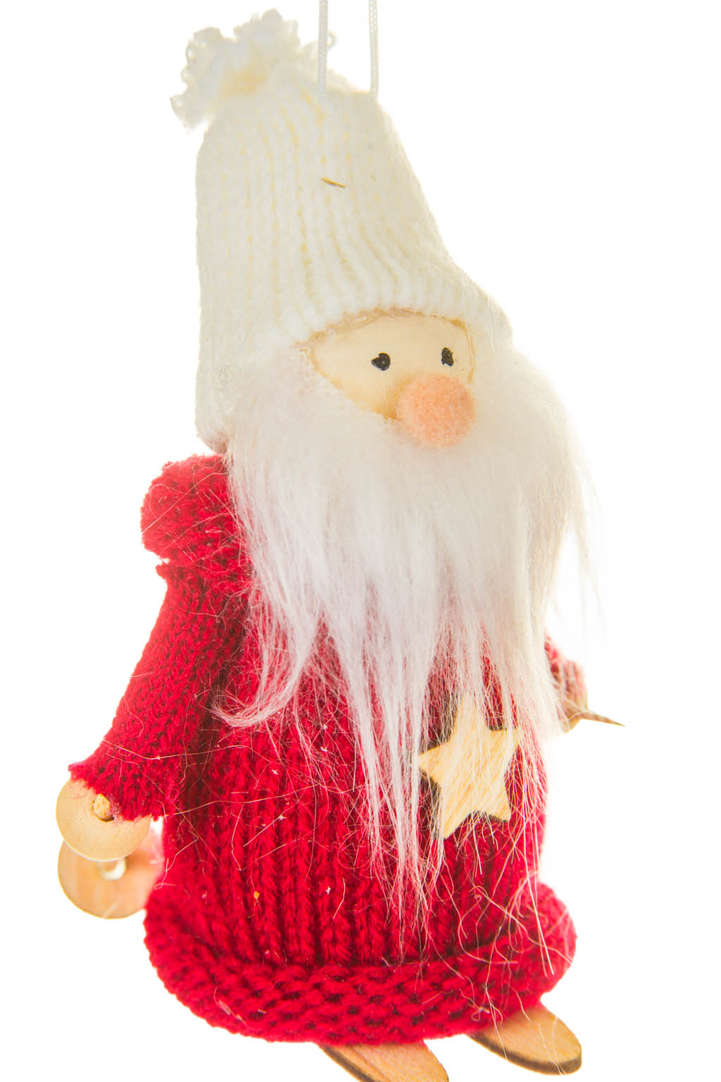 Adorable Cozy Hanging Burgundy Solid Fabric Skiing Santa Ornament with Star on Shirt - Image 3