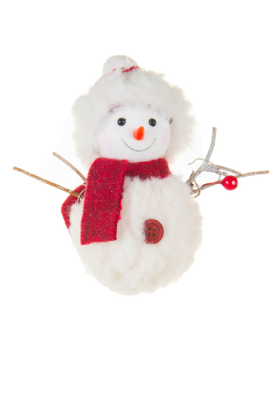 Hanging White and Red Cheery Snowman Ornament in Cozy Wool Scarf