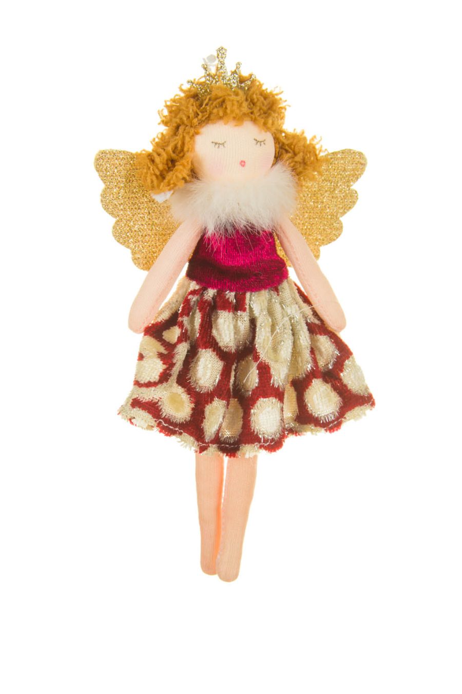 Sleepy Hanging Juvenile Ruby Fabric Angel Girl Ornament with Champagne Wings