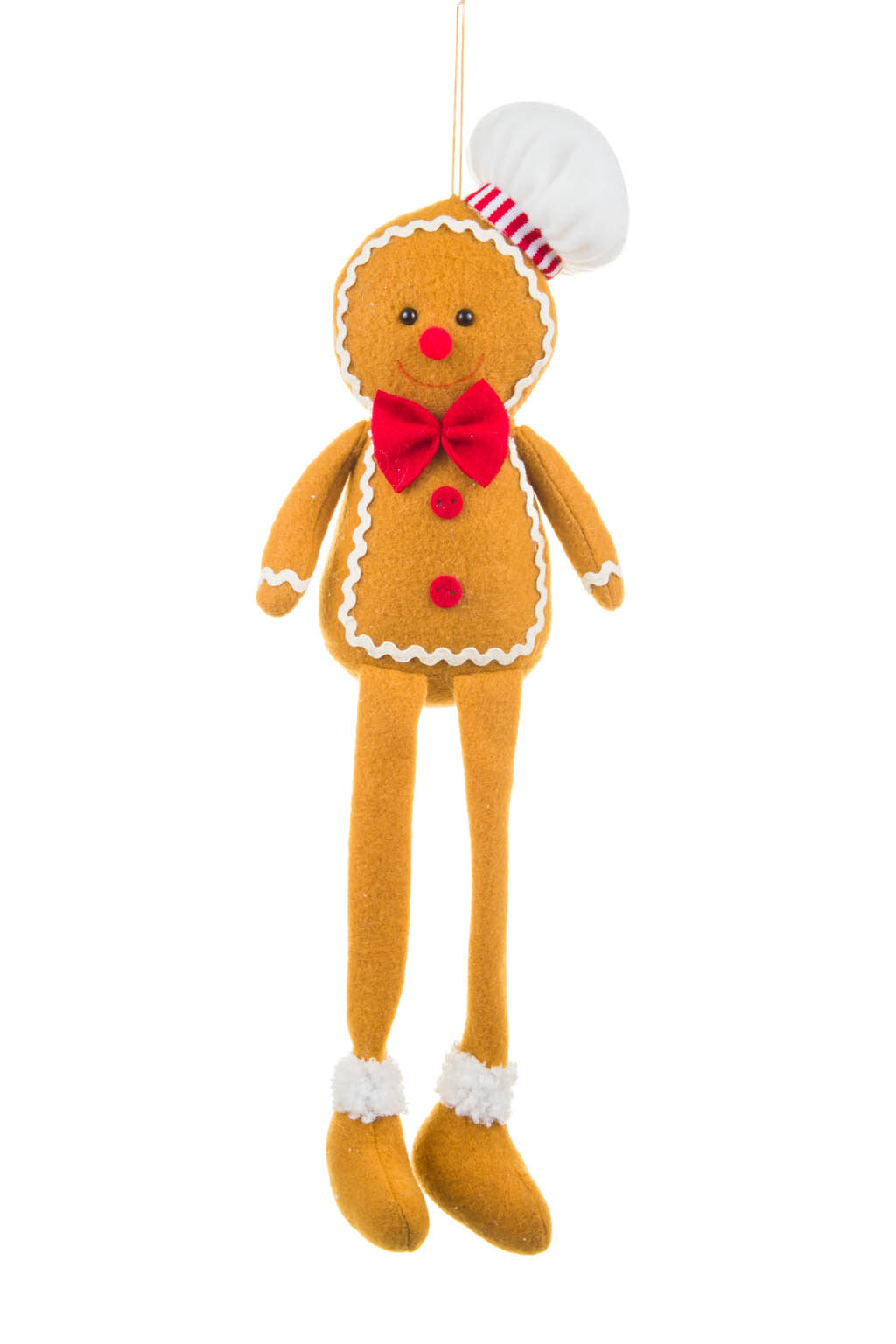Festive Lanky Hanging Brown Fabric Chef Gingerbread Man with Dangling Legs