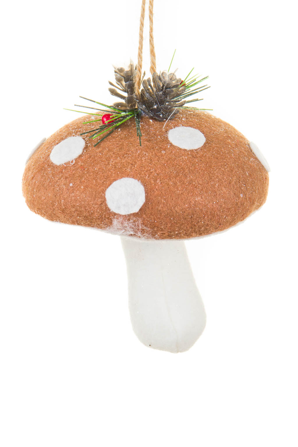 Dainty Fuzzy Hanging Brown and White Fabric Mushroom Ornament with White Spots