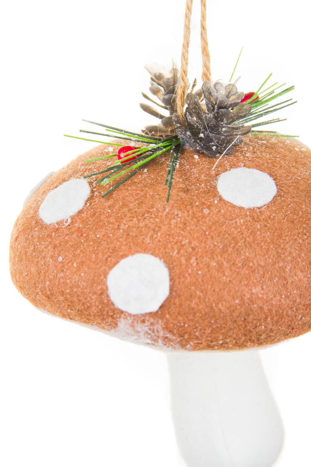 Dainty Fuzzy Hanging Brown and White Fabric Mushroom Ornament with White Spots - Image 2