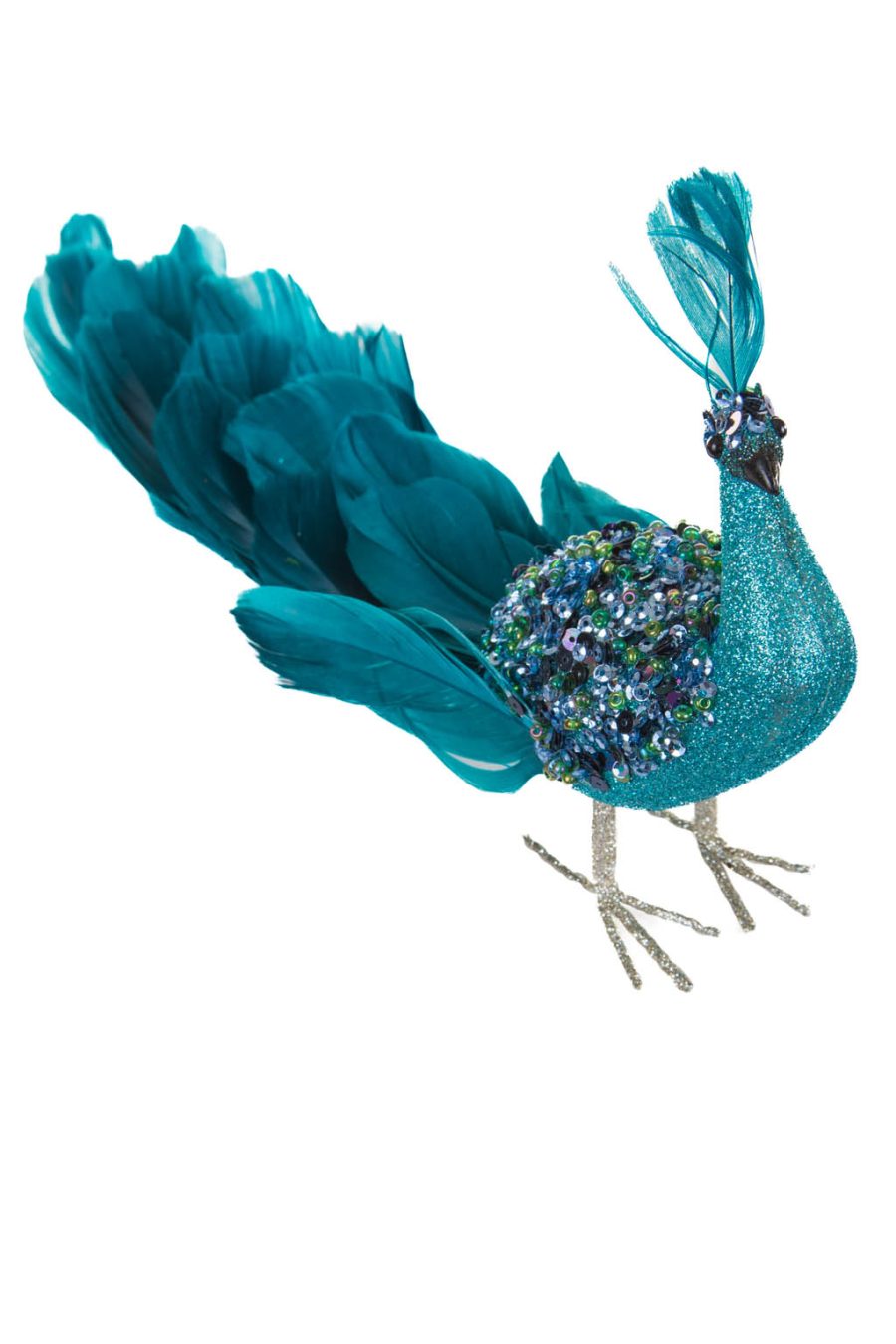 Teal Beaded Feathers Glittery Peacock with Feather on Head