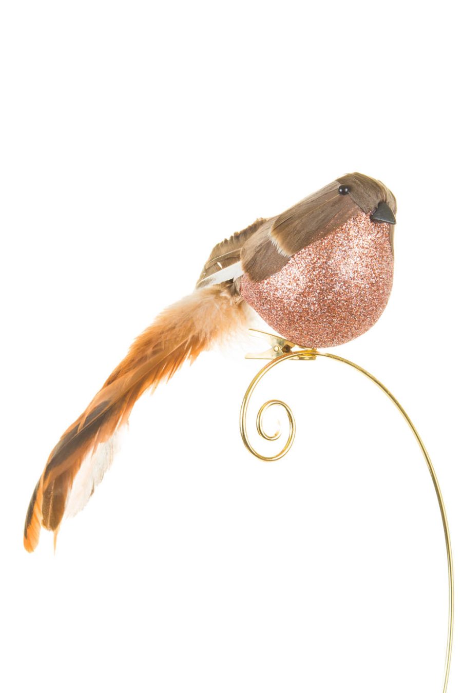 Cool Fluffy Flying Brown and Copper Feather Clip-on Bird Ornament with Long Tail