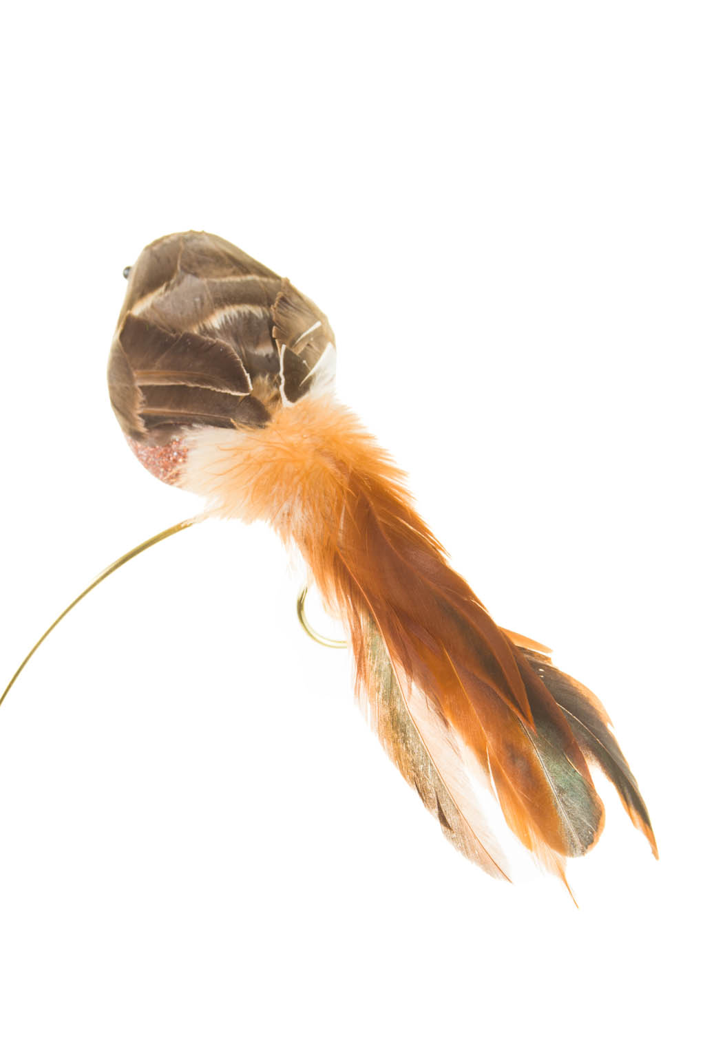 Cool Fluffy Flying Brown and Copper Feather Clip-on Bird Ornament with Long Tail - Image 2