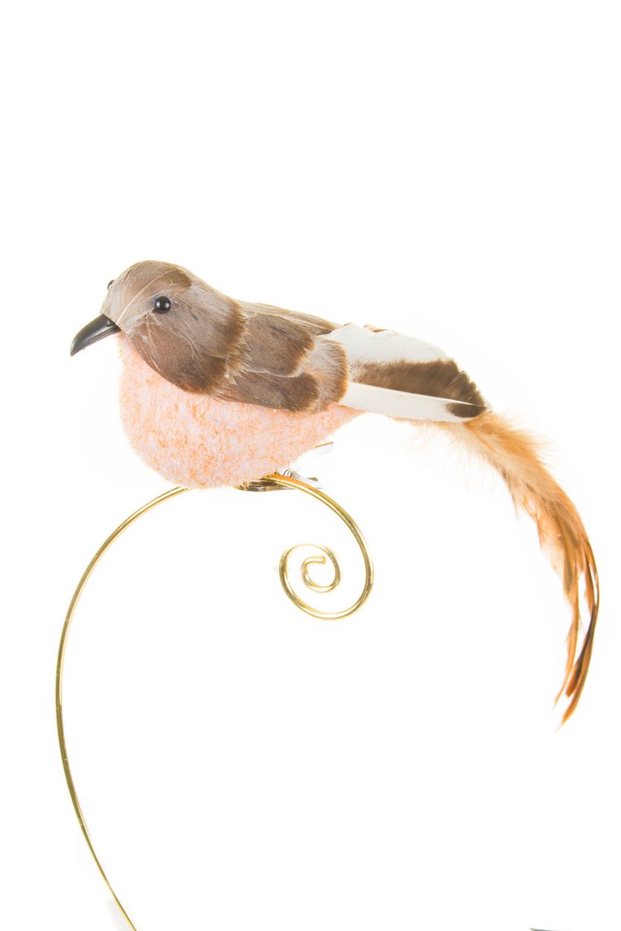 Brown Feather Clip-on Bird Ornament with Feathery Tail