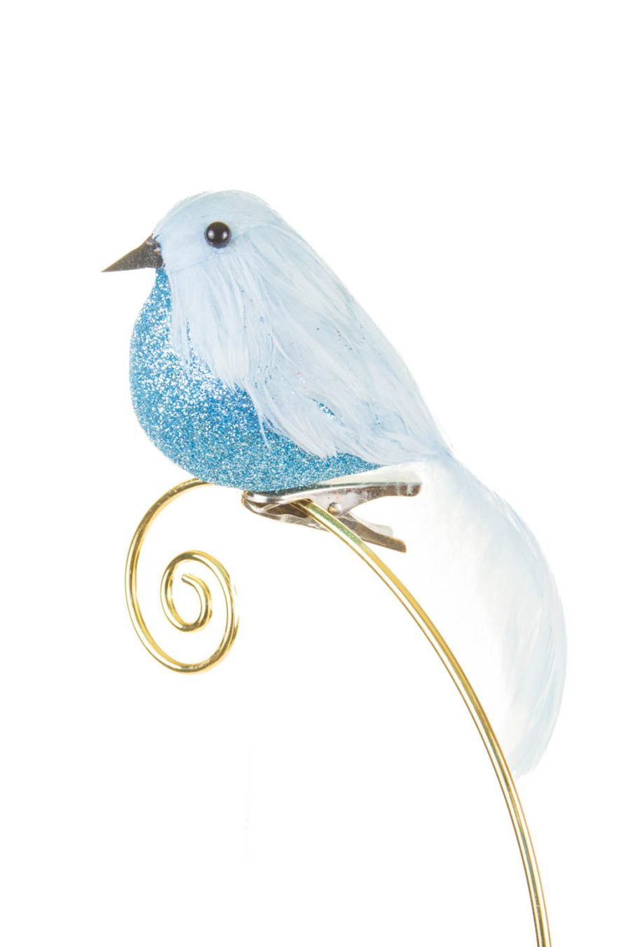 Cute Googly-Eyed Baby Blue Feather Clip-on Bird Ornament with Glittered Body