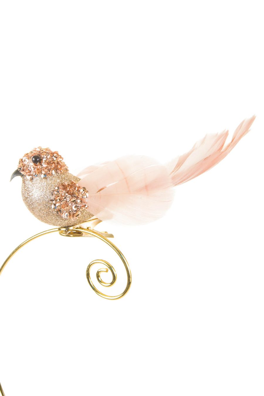 Friendly Googly-Eyed Rose Gold Feather Clip-on Bird Ornament with Glittered Body