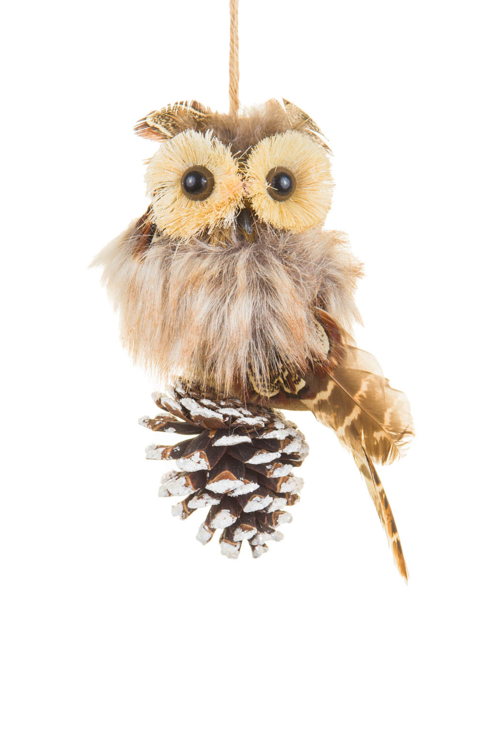 Pompous Hanging Brown Feather Clip-on Eagle-Owl Figure Perched on a Pinecone
