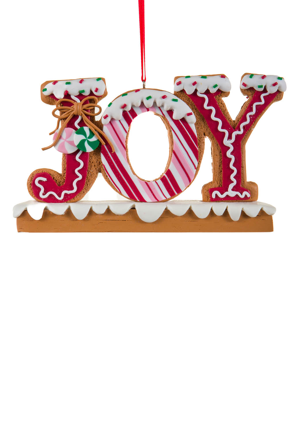 Jolly Hanging Brown and White Candycane Joy Sign Ornament with Snow