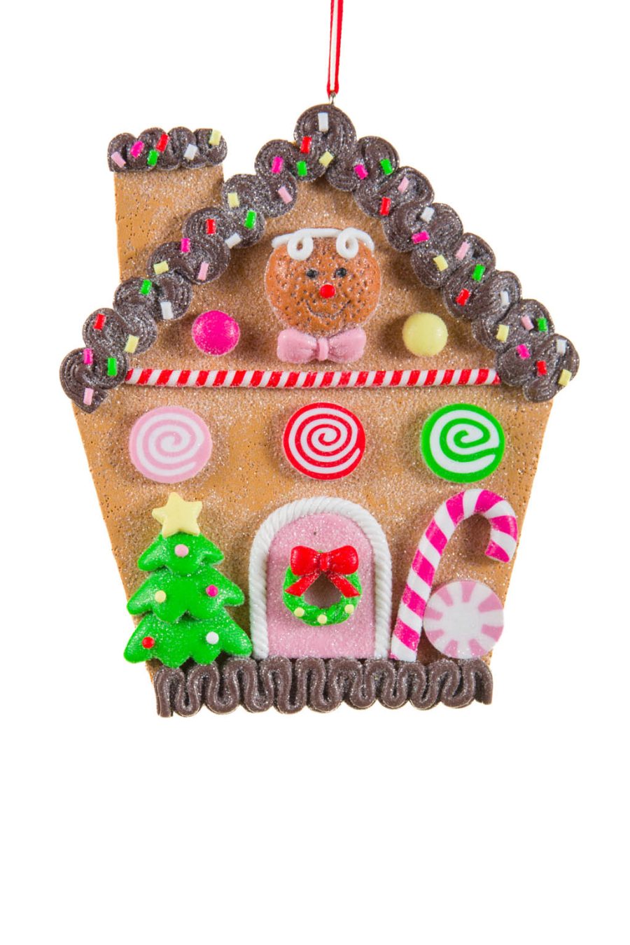 Festive Hanging Brown and Pink Candycane Gingerbread House Display