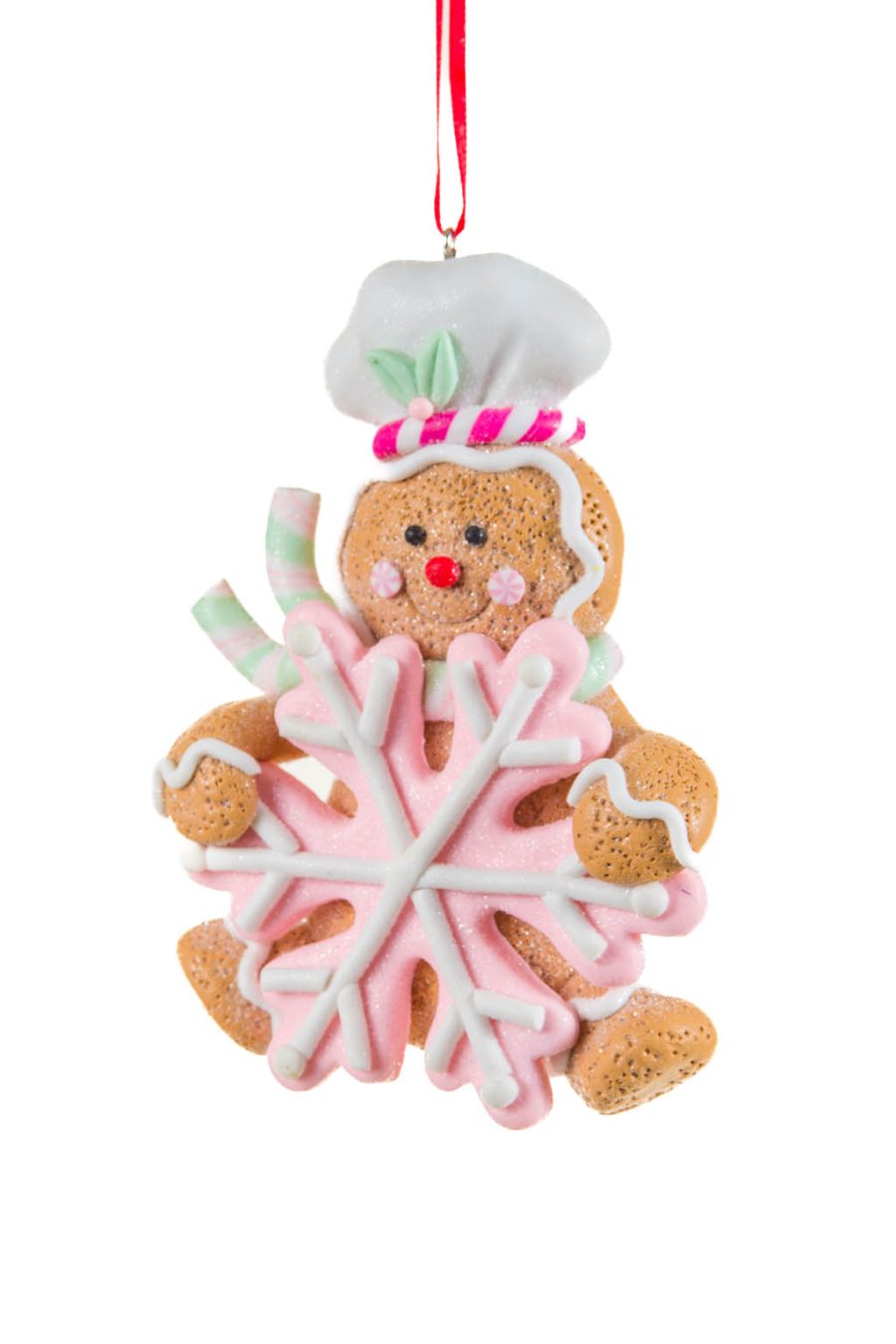 Smiling Hanging Brown and White Gingerbread Ornament with Pink Snowflake