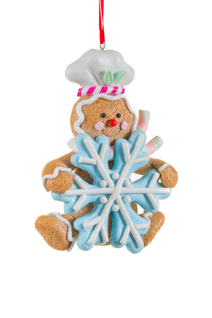 Smiling Hanging Brown and White Gingerbread Ornament with Blue Snowflake