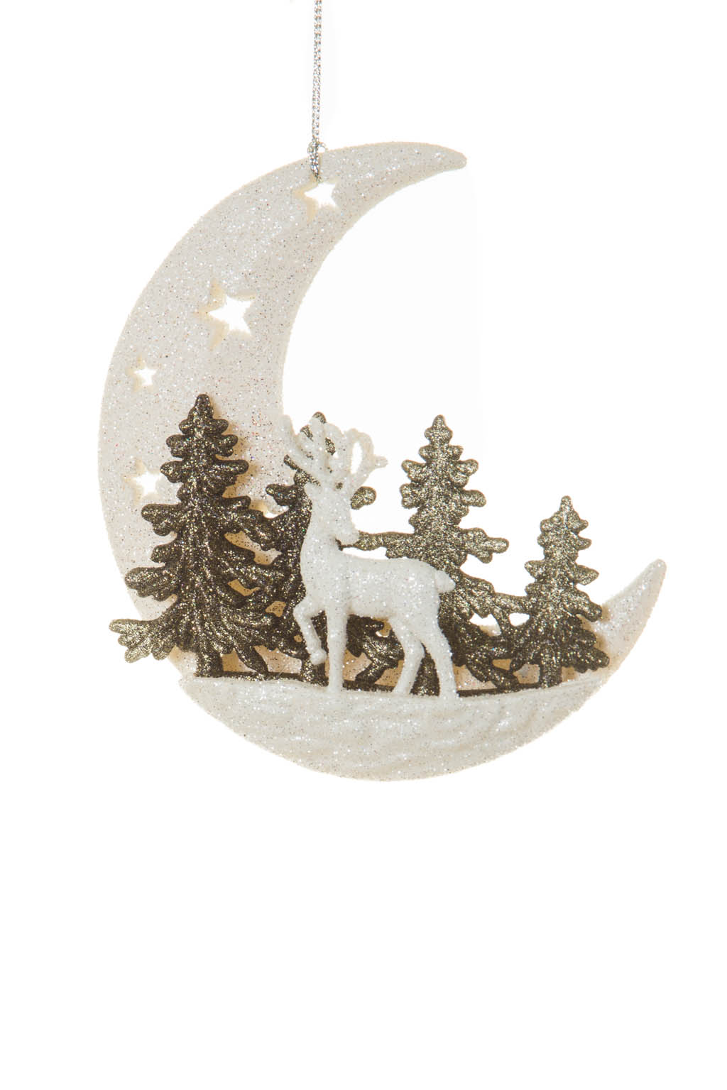 Scenic Glittery Hanging White and Black Half Moon Ornament with Reindeer and Trees